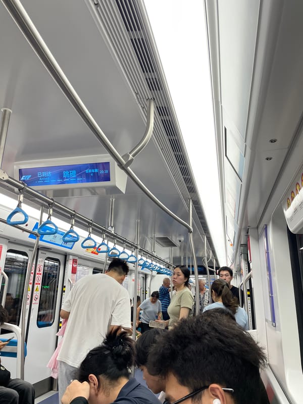 Passengers travel on subway car with bags during midday