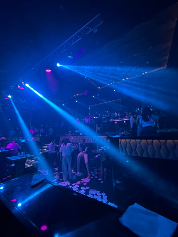 Nightclub interior captured from high angle in blue-purple lighting