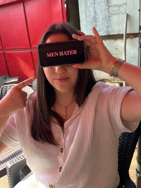 Woman takes playful selfies in Karnobat, Bulgaria