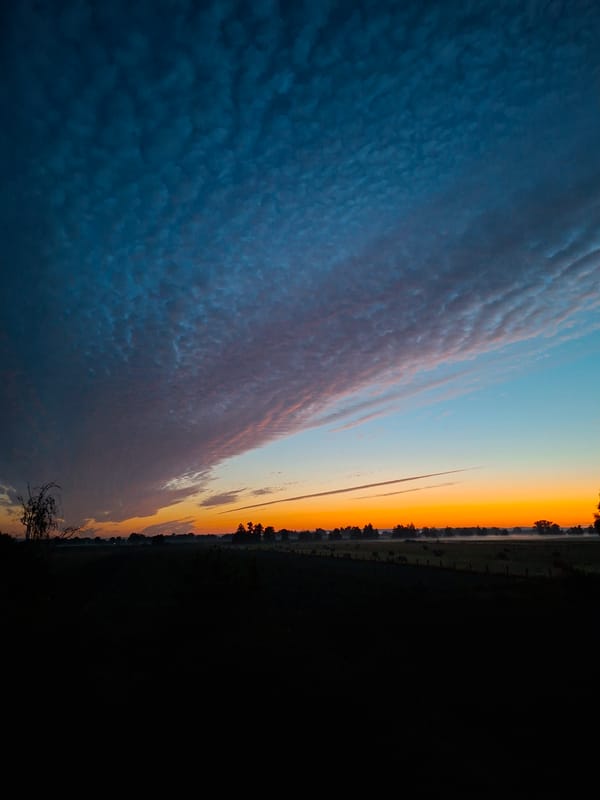 Rural twilight sky caught mid-transition, deep blue to blazing orange