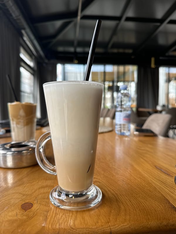 Iced coffee moment captured at cafe in Dupnitsa, Bulgaria