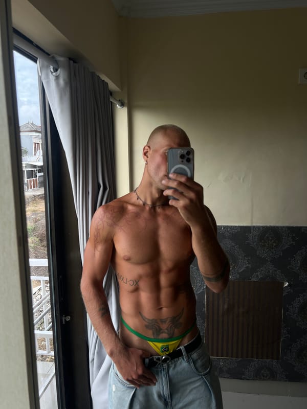 Hotel room mirror shots in North Kuta, Brazil gear and tattoos