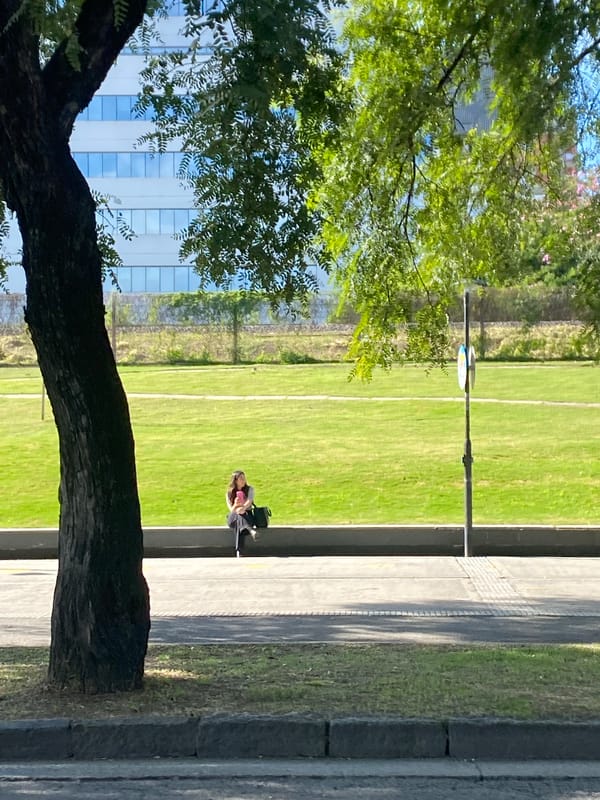 Woman sits by grassy field as train passes in Buenos Aires