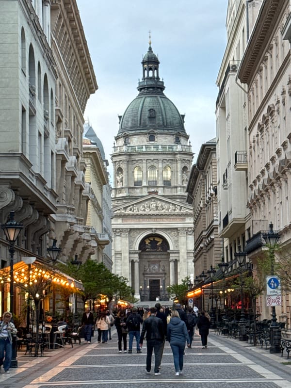 Evening street life documented around Budapest's St. Stephen's Basilica