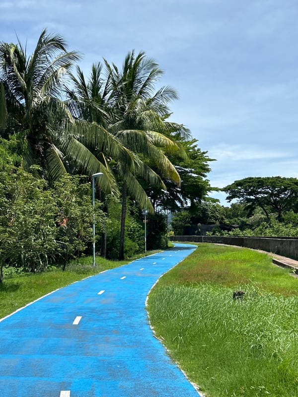 Morning walk documented through Phuket municipal park with dinosaur statues