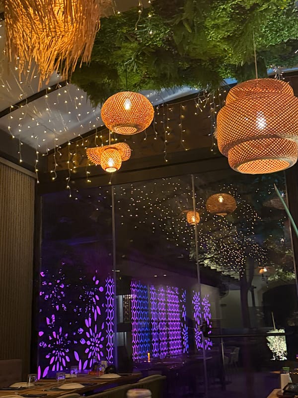 Restaurant with wicker lighting and green decor observed in Larnaca