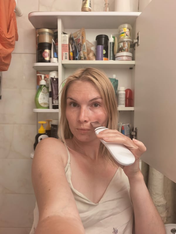 Personal beauty routine documented in Sterlitamak bathroom