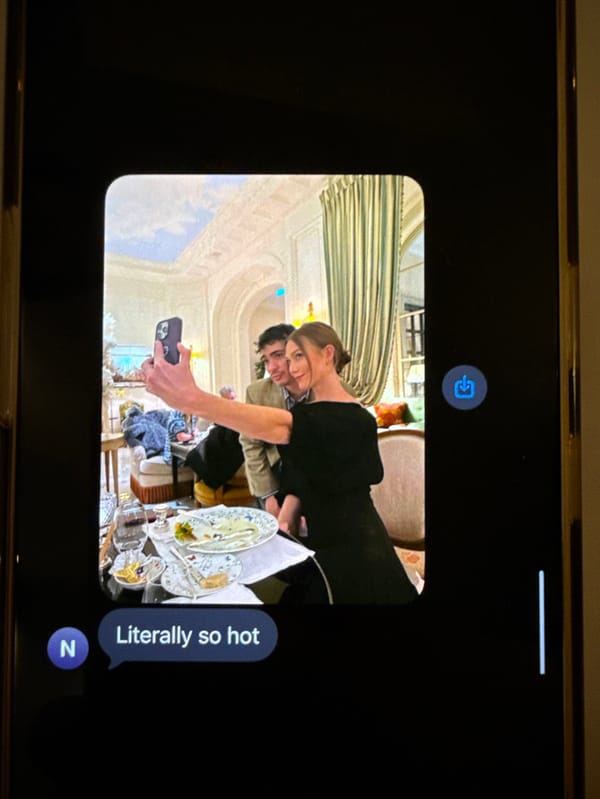 Couple shares restaurant selfie via messaging app in Paris
