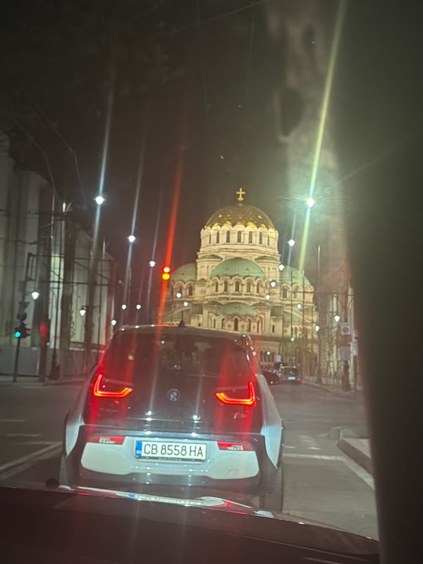 Nighttime scenes captured around Alexander Nevsky Cathedral in Sofia
