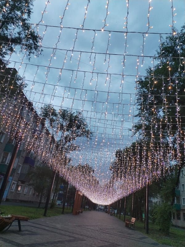 Rainy evening drive with a shawarma stop and fairy-lit walkway