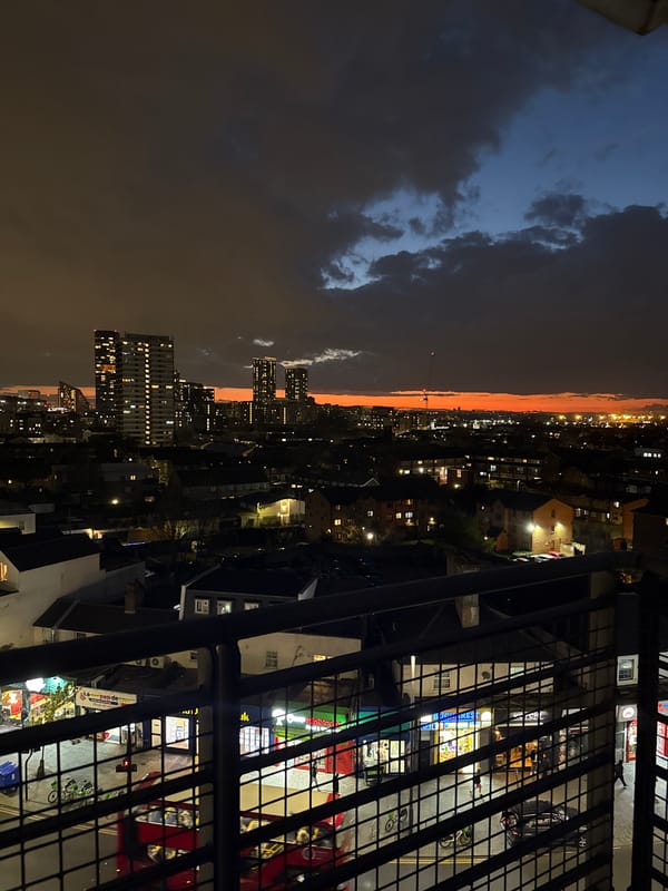 London skyline photographed from high-rise balcony at dusk