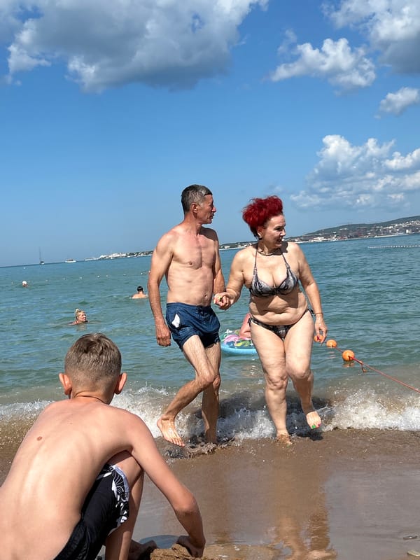 Busy summer beach day on the Black Sea coast, Gelendzhik