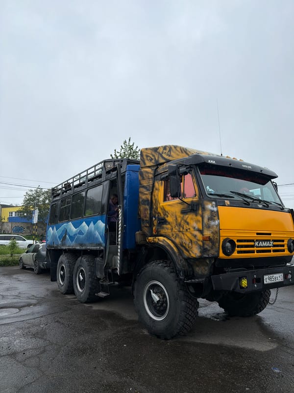 Tiger-striped Kamaz truck and street life in Petropavlovsk-Kamchatsky
