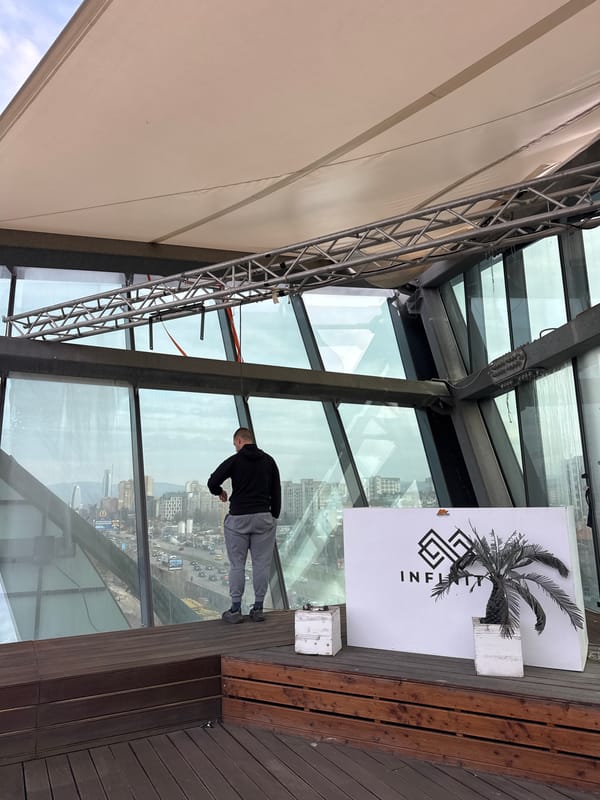 Visitor explores Sofia high-rise observation deck and rooftop areas