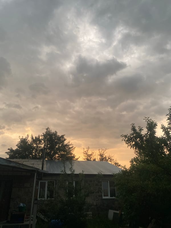 Overcast skies, a smokestack, and sleepy dogs at a rural property