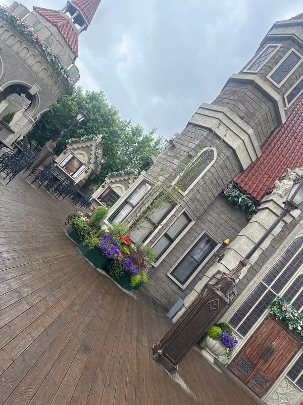 Medieval-themed Moscow venue after rain, castle architecture and carousel