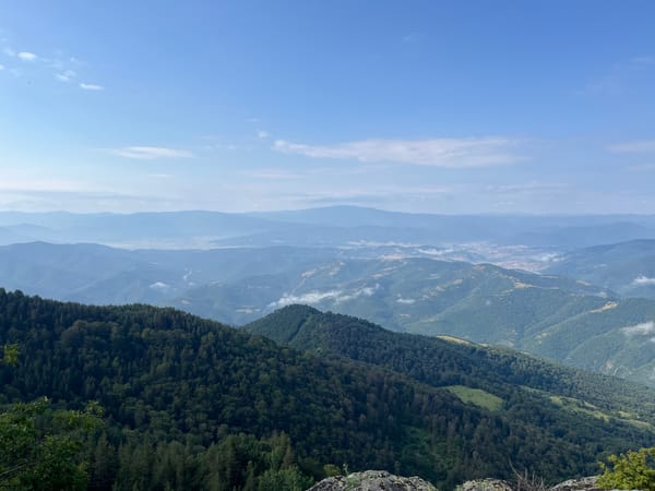 Steep forested mountainside near Simeonovets under clear summer skies