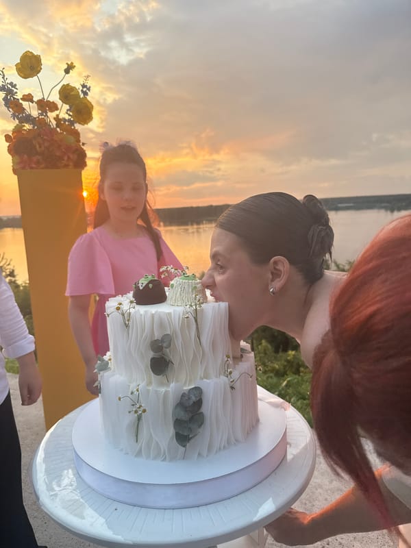 Outdoor wedding reception at sunset in Olkhovka, Russia