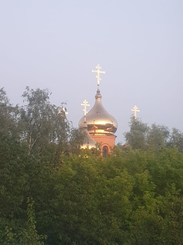 Orthodox church dome glinting through summer tree cover