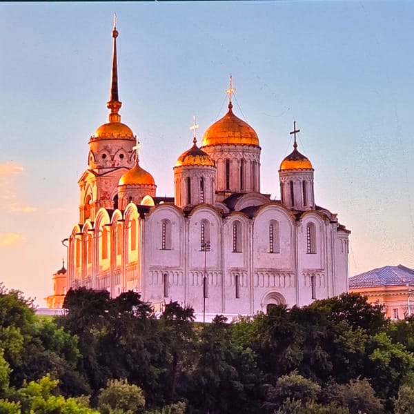 Vladimir landmarks and a relaxed cat on a summer morning