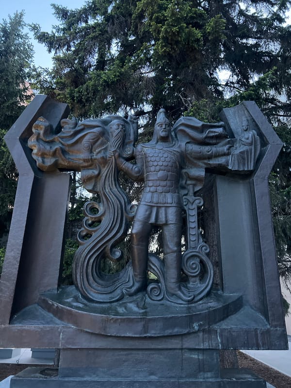 Bronze medieval warrior statue observed in Novosibirsk