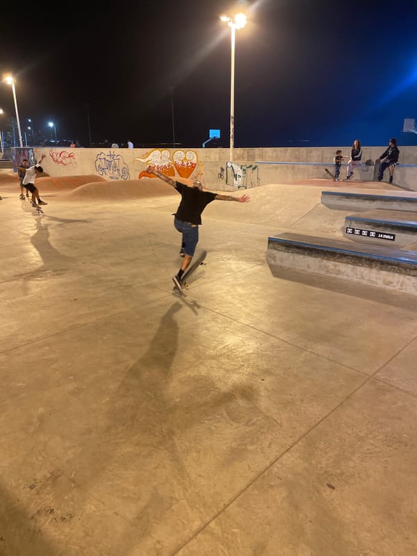 Late night skateboarding and fountain activity in Iquique, Chile