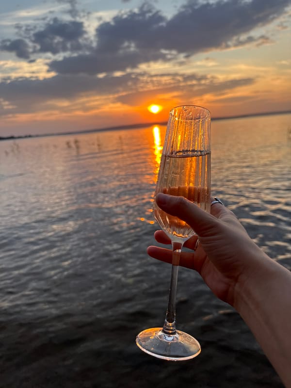 Champagne toast at golden hour over the water