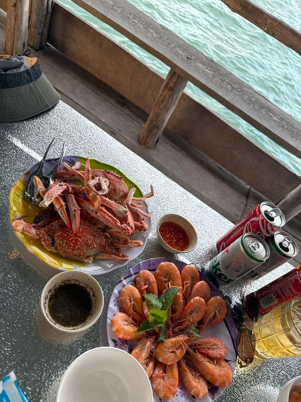 Seafood meal with crabs and shrimp documented in Vietnam