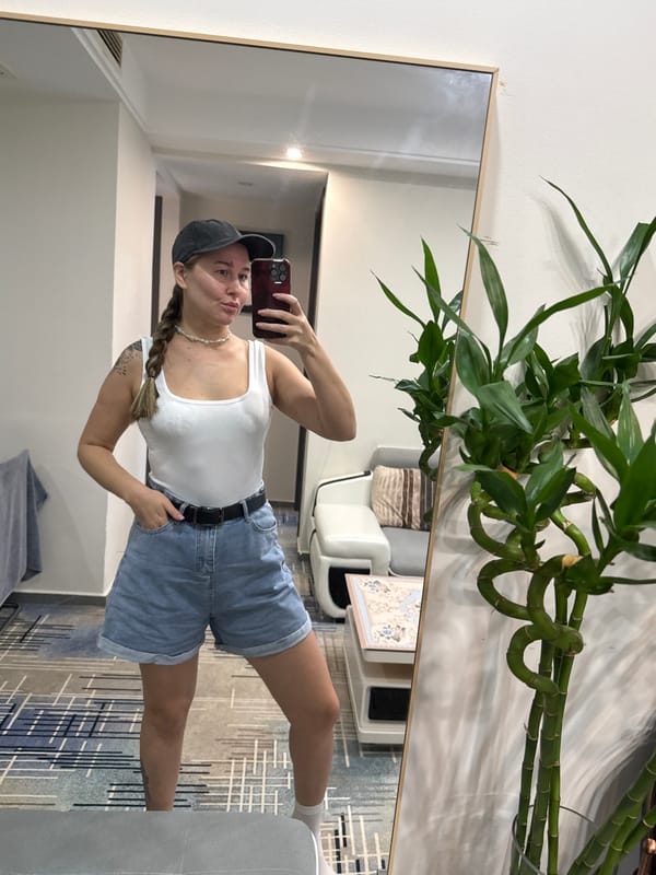 Mirror selfie in a Yiwu hotel room, casual outfit check