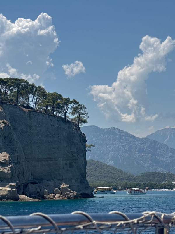 Cruising past Kemer's cliffs on a clear Mediterranean morning