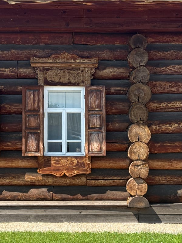 Traditional log cabin museum grounds in Shushenskoye, Russia