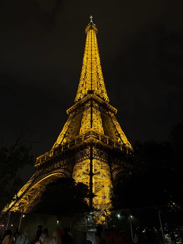 Eiffel Tower glows in evening illumination, Paris