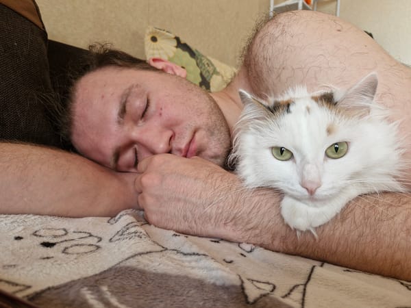 Man naps with cat on cartoon blanket in Yekaterinburg