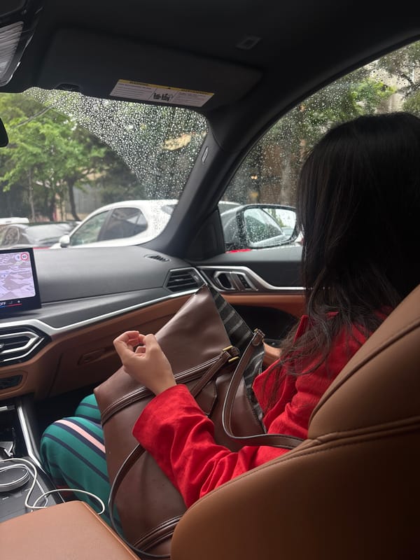 Woman in red observed near vehicle during rainy day in Yerevan
