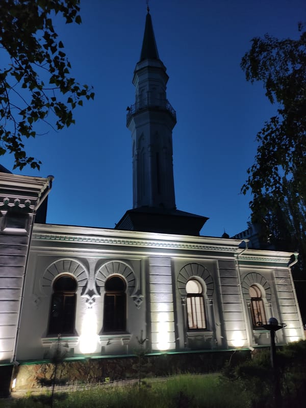 Evening scenes captured at Pavlodar mosque and park