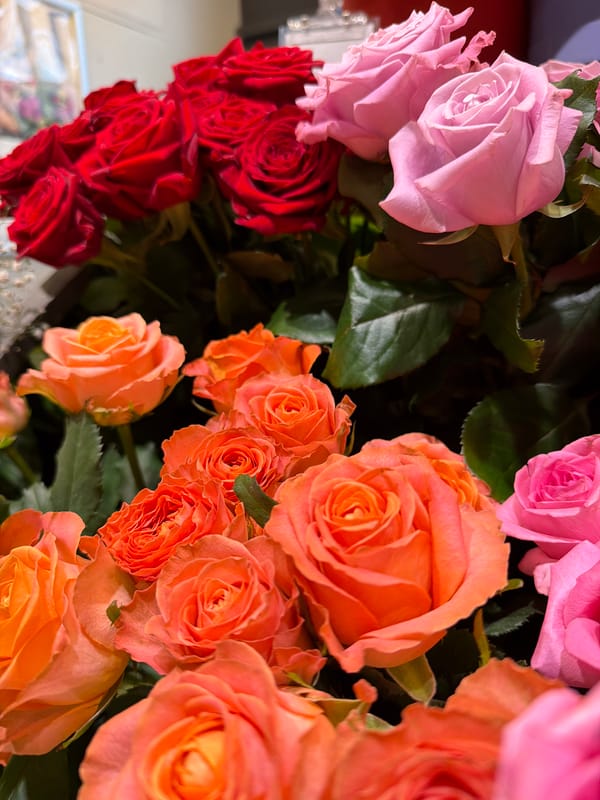 Close-up bouquet shots spanning roses, carnations, and more