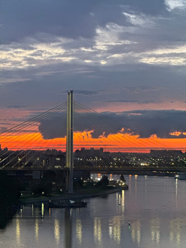 Cable-stayed bridge over a Russian river at golden hour