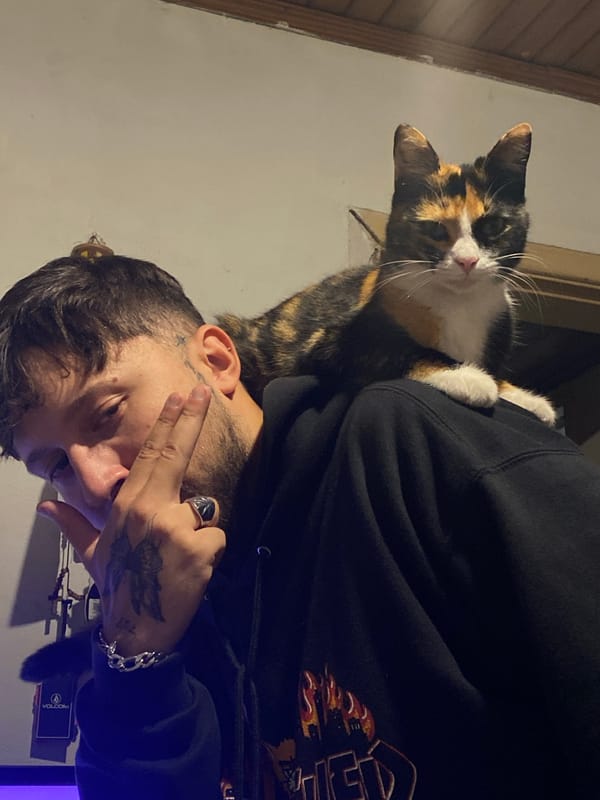 Tattooed man holds calico cat indoors in Monte Grande