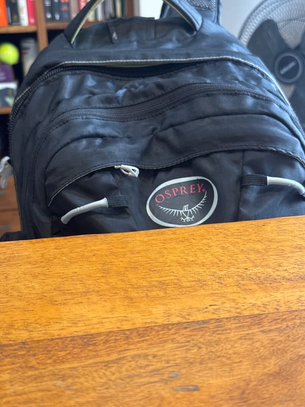 Black backpack observed against wooden surface in Denpasar