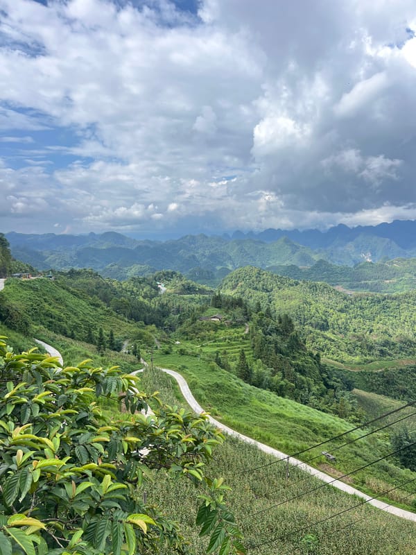 Rolling karst hills and infrastructure in Quản Bạ, Vietnam