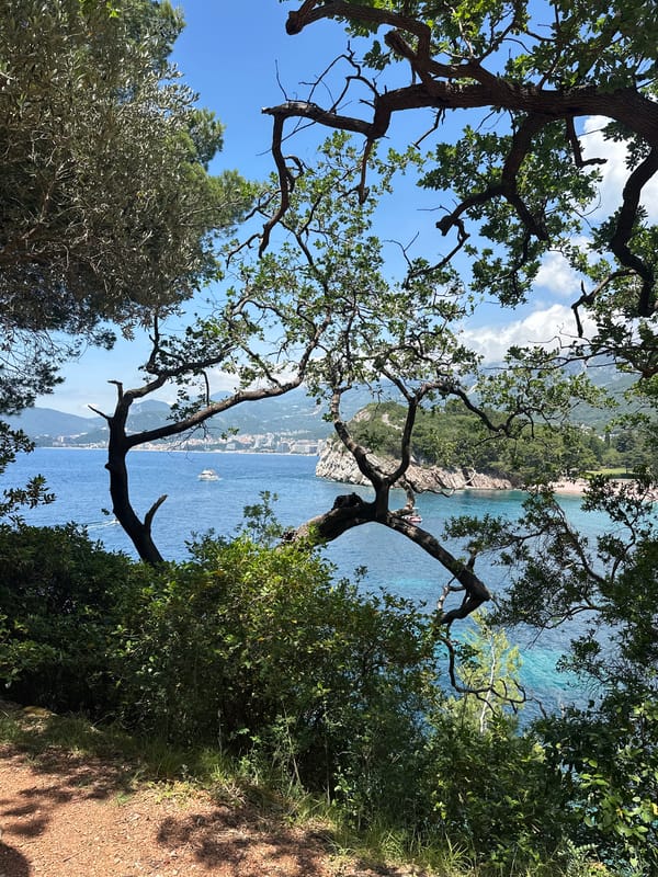Tourist moments captured at Montenegro's Sveti Stefan coastal resort