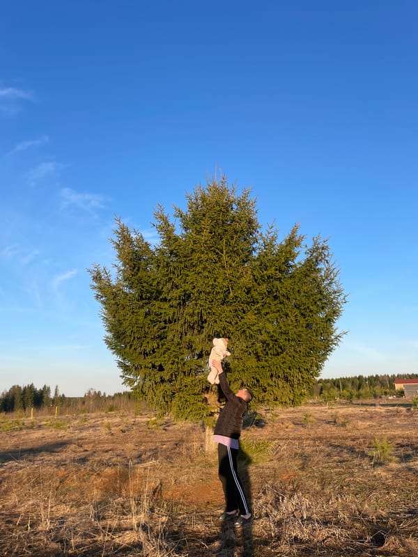 Adult plays with baby outdoors in Podshivalovo, Russia
