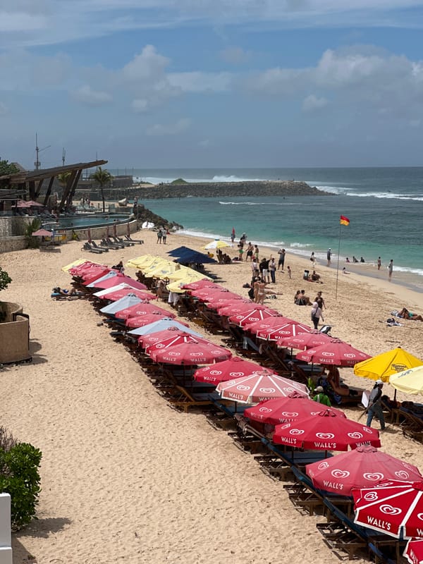 Bustling beach scene captured from elevated view in Kuta Selatan