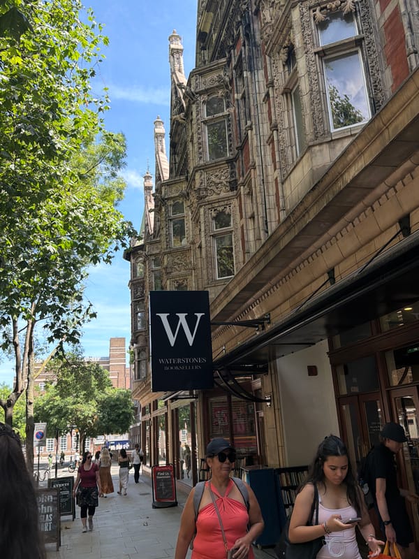 Street-level scenes around Gower Street's Waterstones bookstore