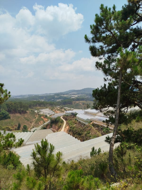 Agricultural greenhouses spotted across Lang Biang mountainous terrain in Vietnam