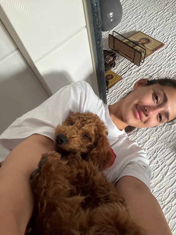 Woman poses in kitchen wearing internet-themed shirt in Montenegro