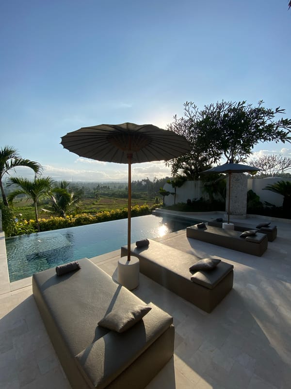 Inside and outside a lush tropical villa or resort