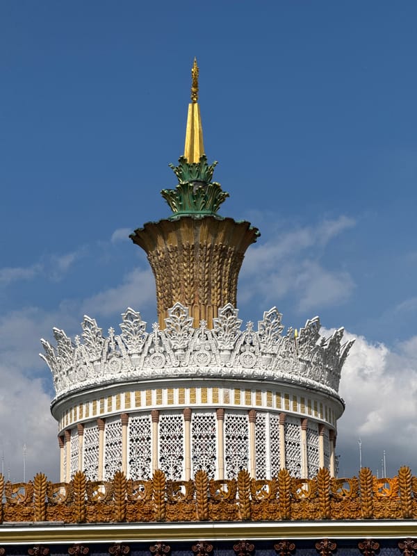 Moscow State University building photographed against blue sky