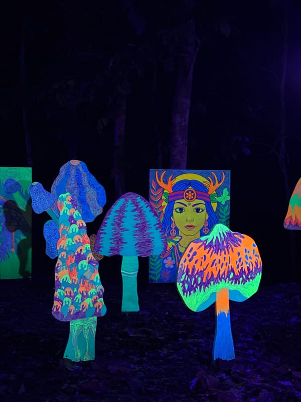 Surreal illuminated sculpture park at night in Ko Samui