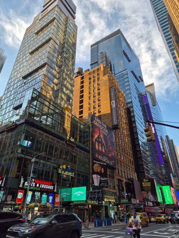 Street-level and sky-high views of Times Square at night